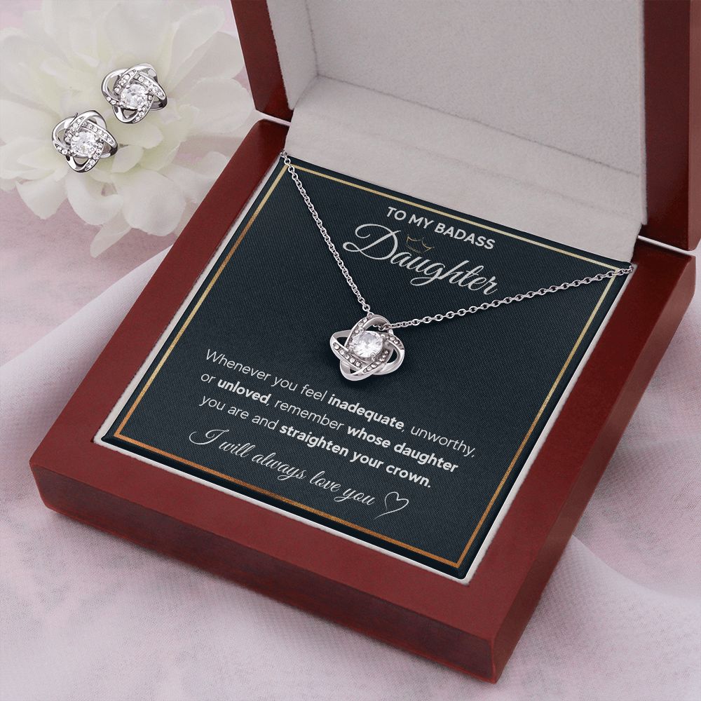 TO MY BADASS DAUGHTER LOVE KNOT NECKLACE AND EARRINGS SET