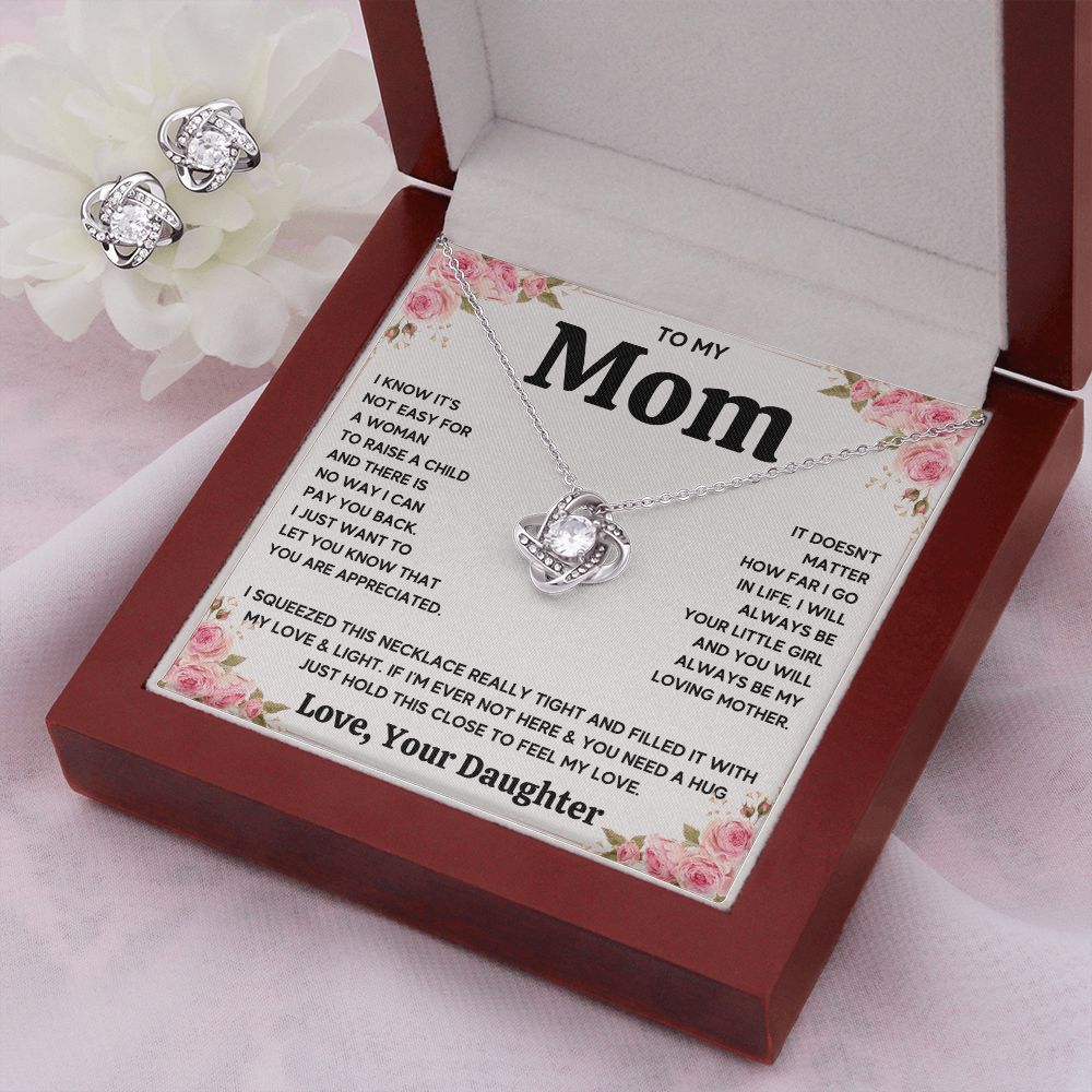 TO MY MOM FROM DAUGHTER SQUEEZED LOVE KNOT EARRING NECKLACE GIFT SET