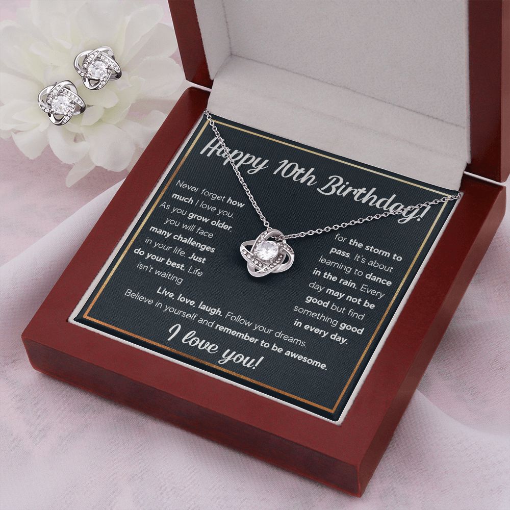 10TH BIRTHDAY RAIN LOVE KNOT NECKLACE AND EARRINGS SET