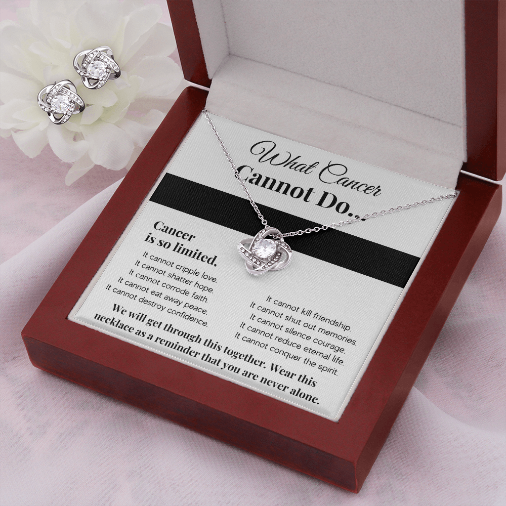 WHAT CANCER CANNOT DO LOVE KNOT NECKLACE AND EARRINGS