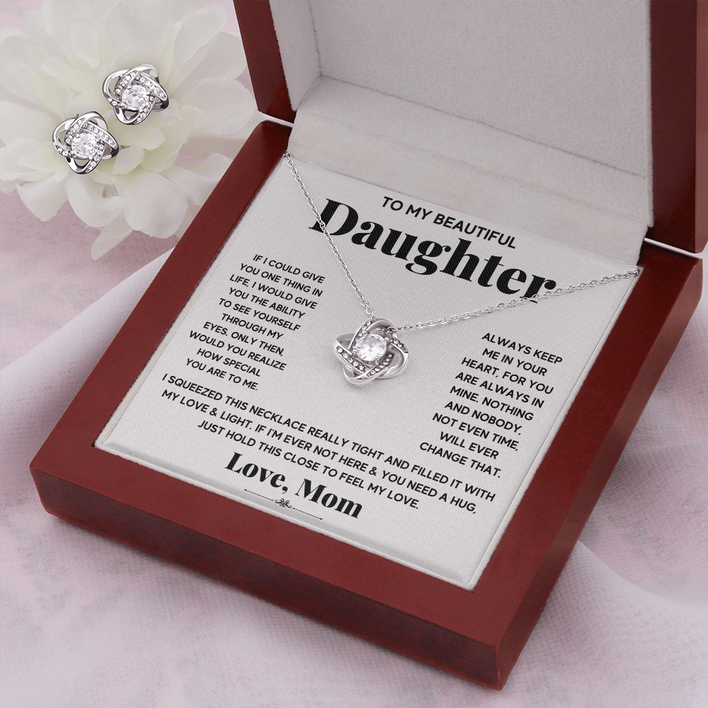 TO MY BEAUTIFUL DAUGHTER SQUEEZED LOVE KNOT NECKLACE AND EARRINGS