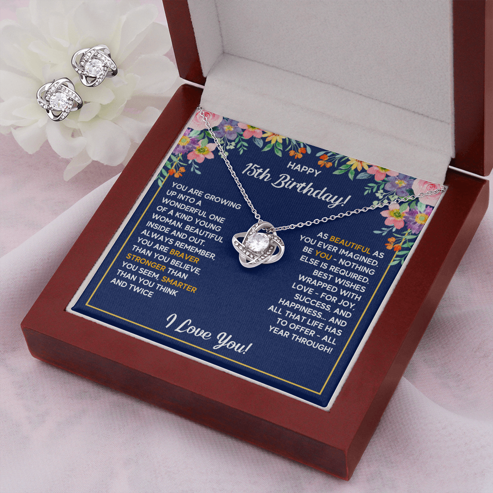 HAPPY 15TH BIRTHDAY WRAPPED LOVE KNOT NECKLACE AND EARRINGS SET