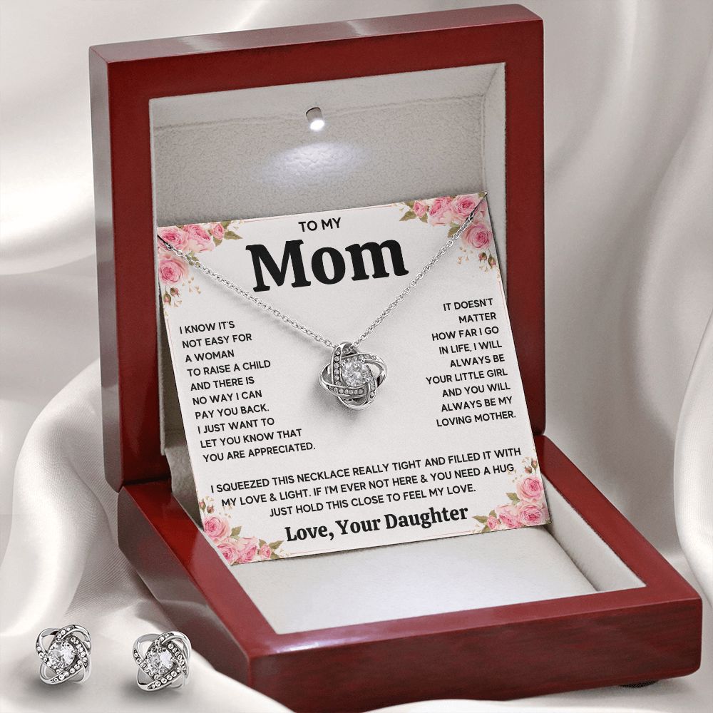 TO MY MOM FROM DAUGHTER SQUEEZED LOVE KNOT EARRING NECKLACE GIFT SET