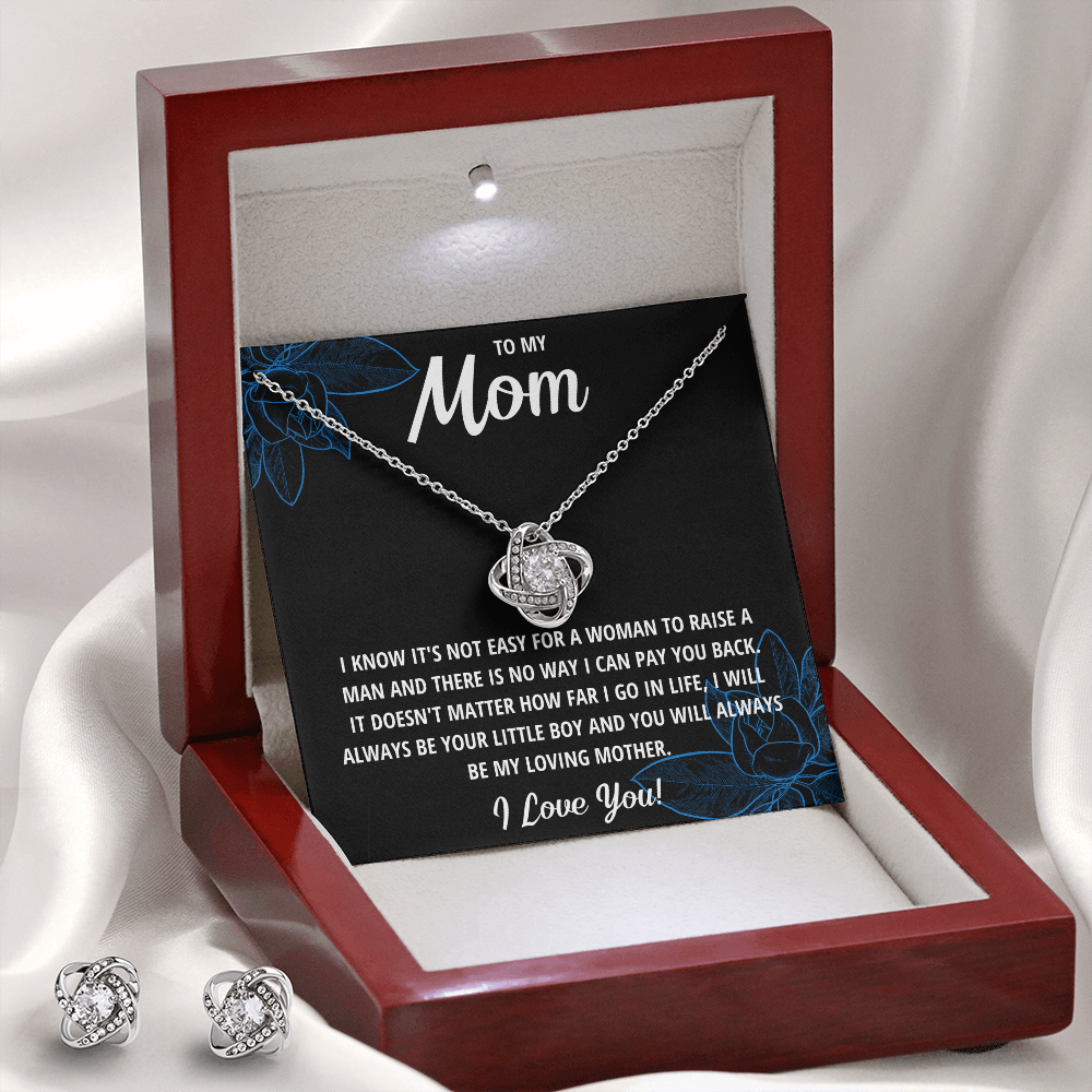 TO MY MOM LITTLE BOY BLACK LOVE KNOT NECKLACE AND EARRINGS SET