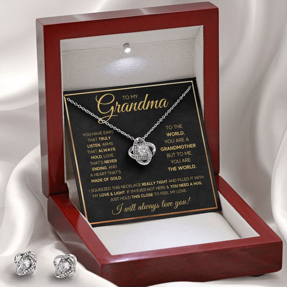 TO MY GRANDMA NEVER ENDING GOLD LOVE KNOT EARRING NECKLACE GIFT SET