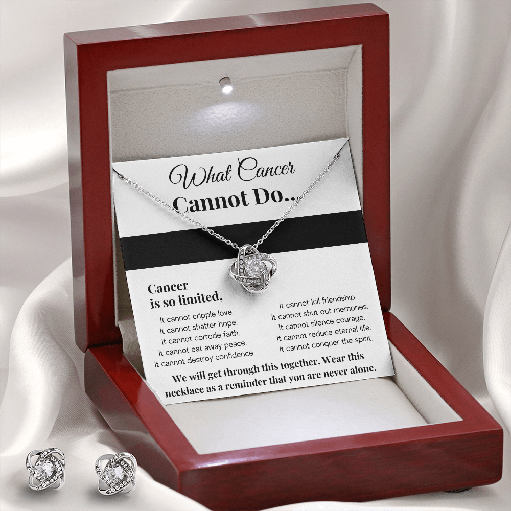 WHAT CANCER CANNOT DO LOVE KNOT NECKLACE AND EARRINGS