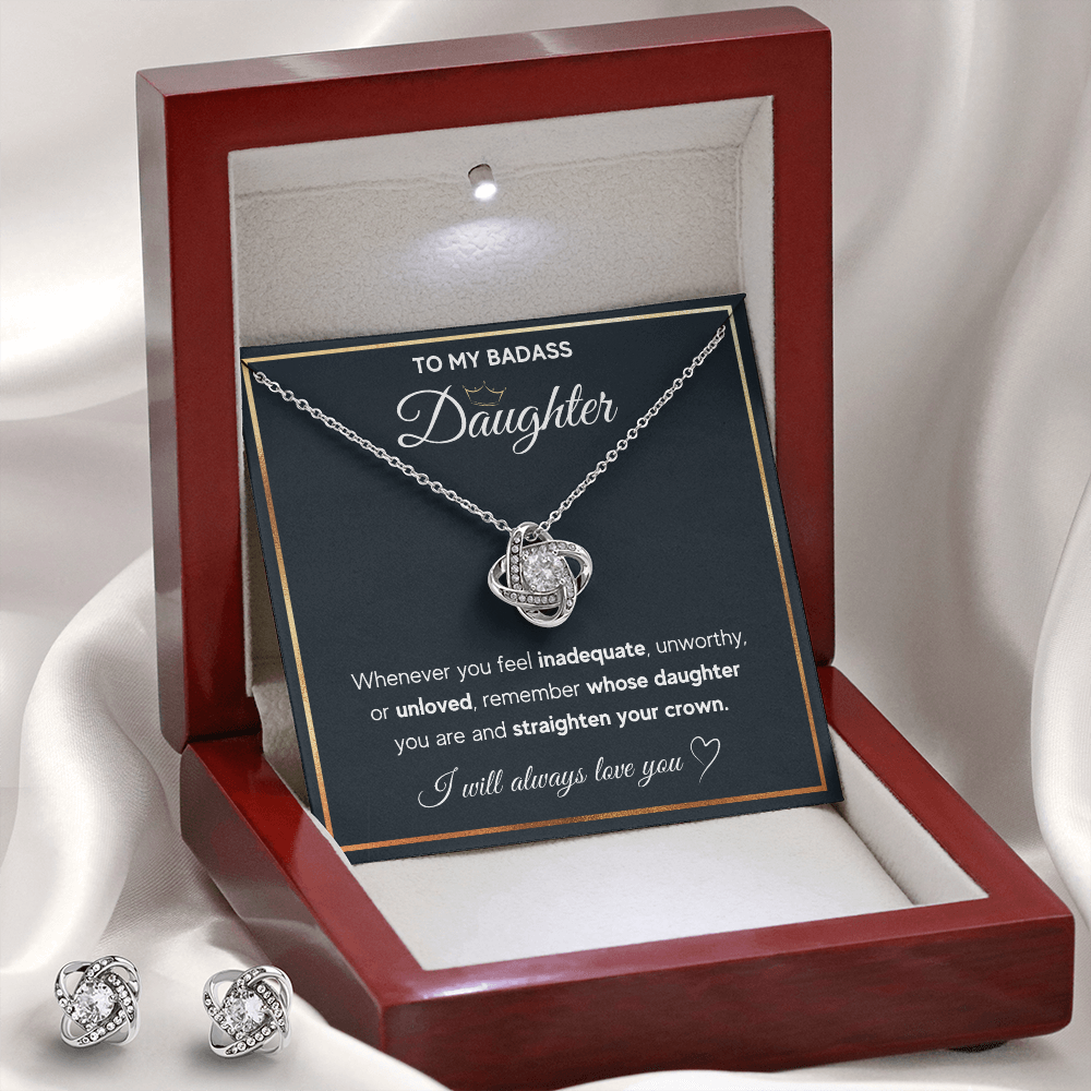 TO MY BADASS DAUGHTER LOVE KNOT NECKLACE AND EARRINGS SET