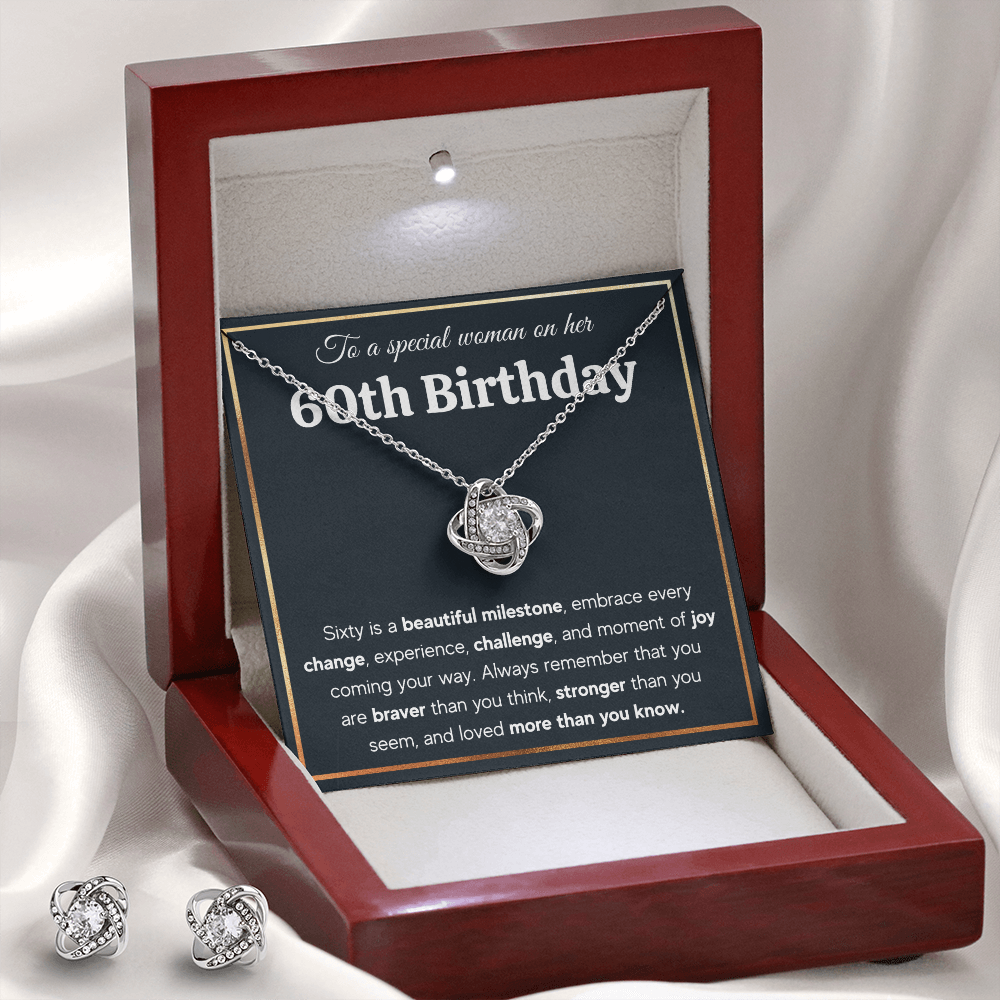 60TH BIRTHDAY MILESTONE LOVE KNOT NECKLACE AND EARRINGS SET