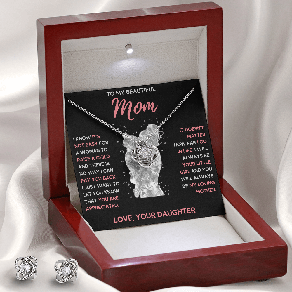 TO MY MOM LITTLE GIRL LOVE KNOT NECKLACE AND EARRINGS SET