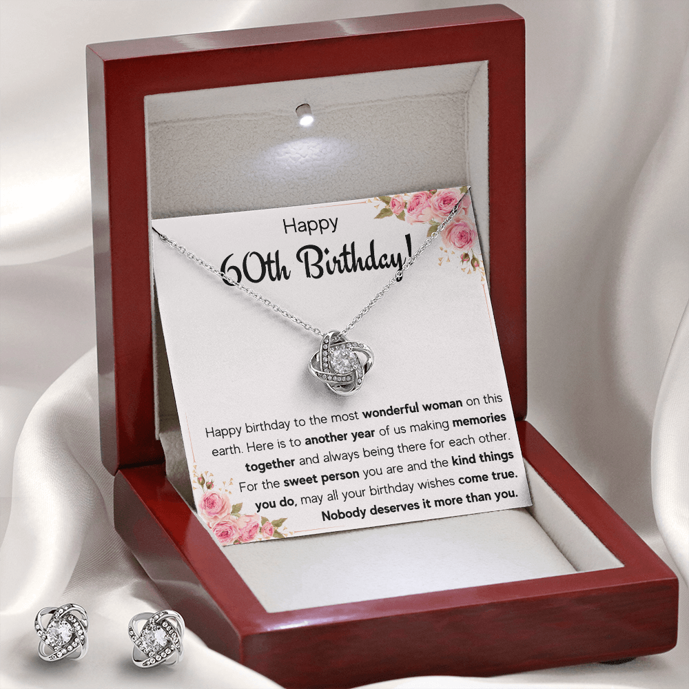 60TH BIRTHDAY MEMORIES LOVE KNOT NECKLACE AND EARRINGS SET