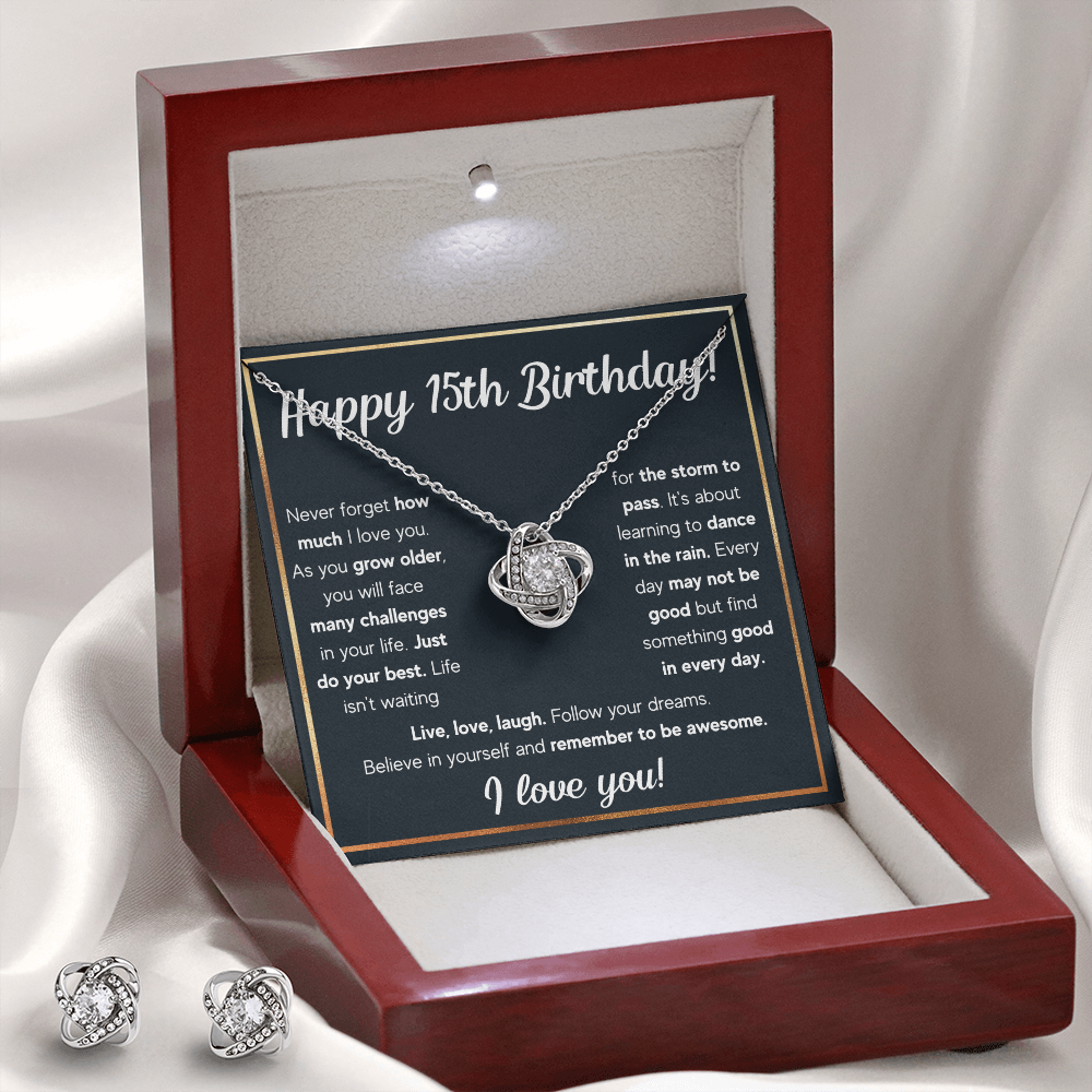 HAPPY 15TH BIRTHDAY RAIN LOVE KNOT NECKLACE AND EARRINGS SET