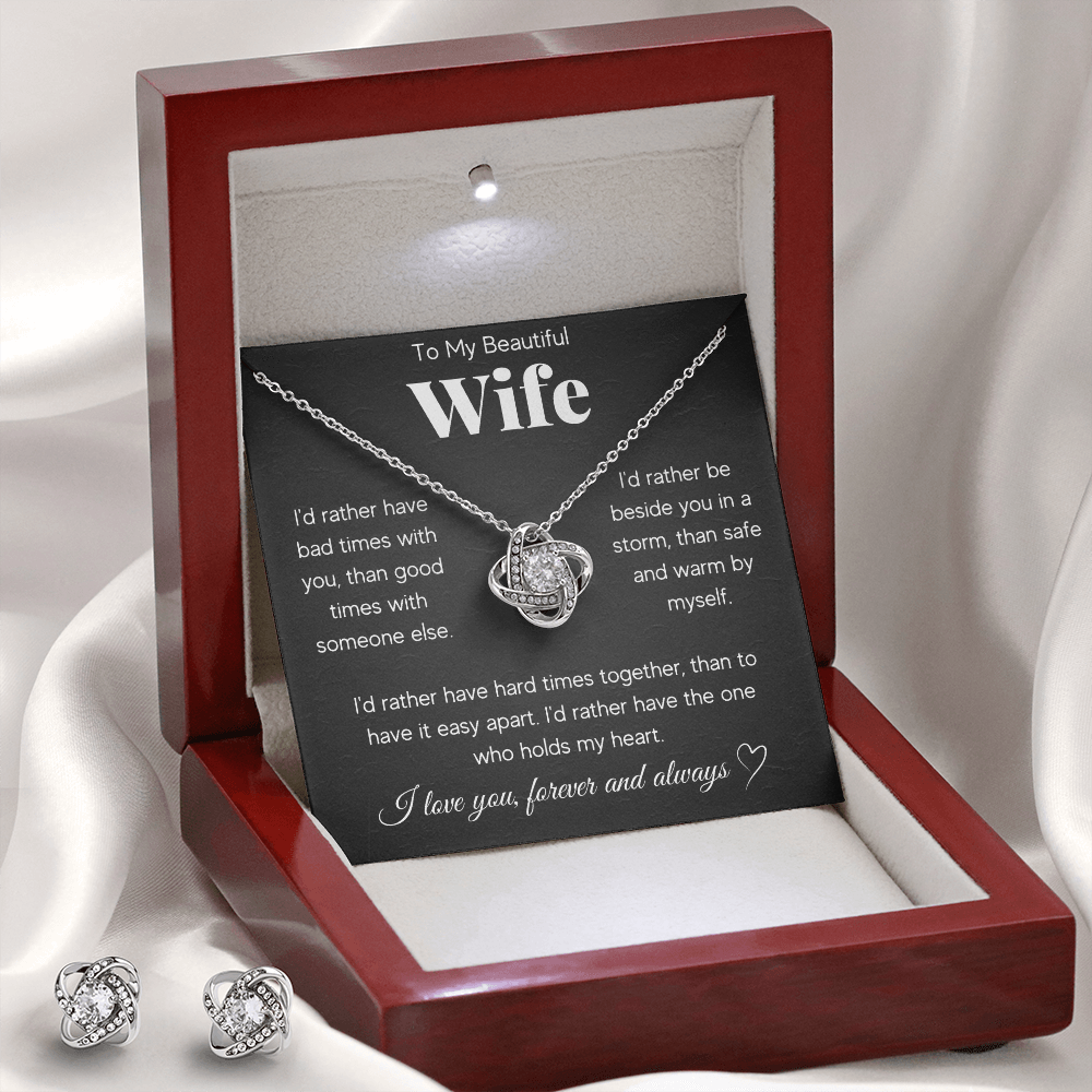 TO MY BEAUTIFUL WIFE RATHER LOVE KNOT NECKLACE AND EARRINGS SET