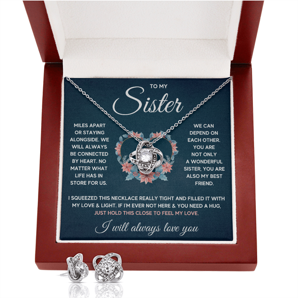 TO MY SISTER SQUEEZED LOVE KNOT NECKLACE AND EARRINGS SET