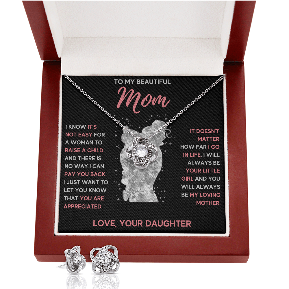 TO MY MOM LITTLE GIRL LOVE KNOT NECKLACE AND EARRINGS SET
