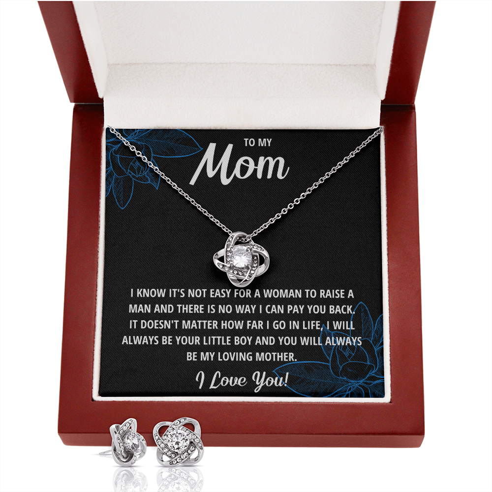 TO MY MOM LITTLE BOY BLACK LOVE KNOT NECKLACE AND EARRINGS SET