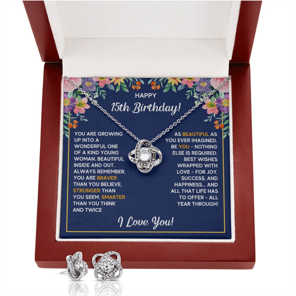 HAPPY 15TH BIRTHDAY WRAPPED LOVE KNOT NECKLACE AND EARRINGS SET