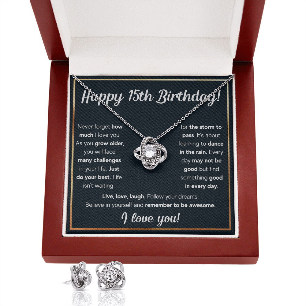 HAPPY 15TH BIRTHDAY RAIN LOVE KNOT NECKLACE AND EARRINGS SET
