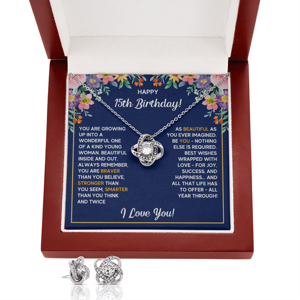 HAPPY 15TH BIRTHDAY WRAPPED LOVE KNOT NECKLACE AND EARRINGS SET