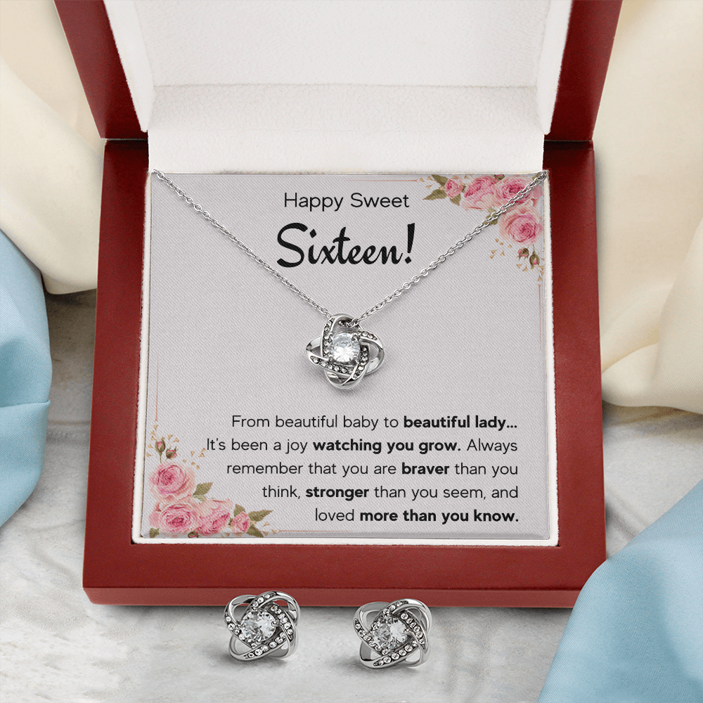 HAPPY SWEET SIXTEEN JOY LOVE KNOT NECKLACE AND EARRINGS SET