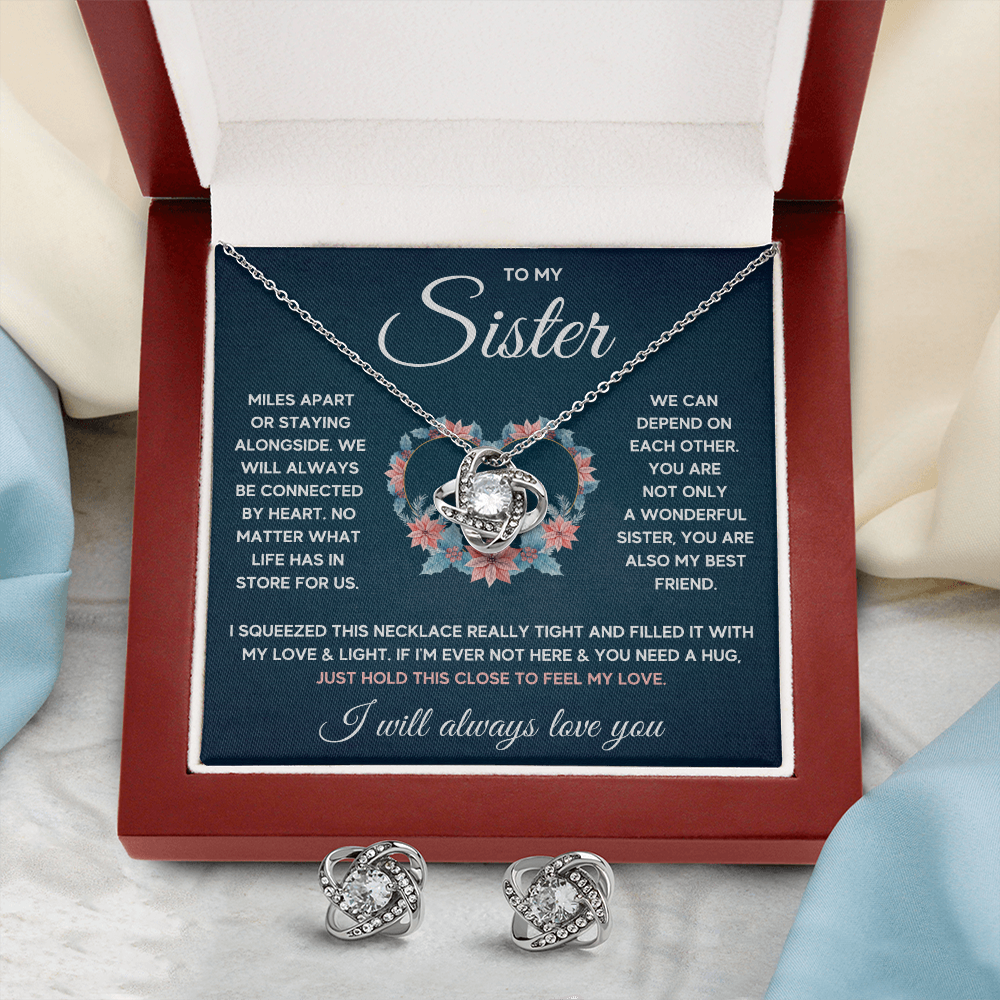 TO MY SISTER SQUEEZED LOVE KNOT NECKLACE AND EARRINGS SET