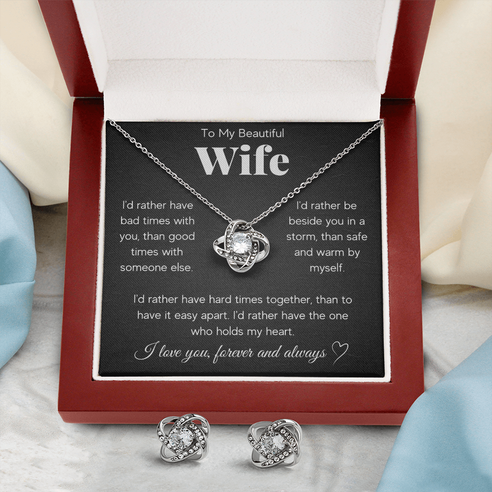 TO MY BEAUTIFUL WIFE RATHER LOVE KNOT NECKLACE AND EARRINGS SET