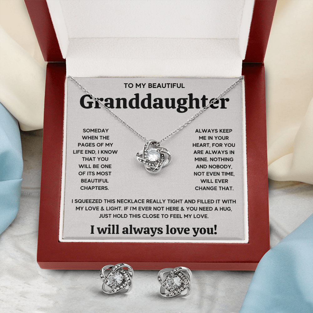 TO MY BEAUTIFUL GRANDDAUGHTER SQUEEZED LOVE KNOT NECKLACE AND EARRINGS SET