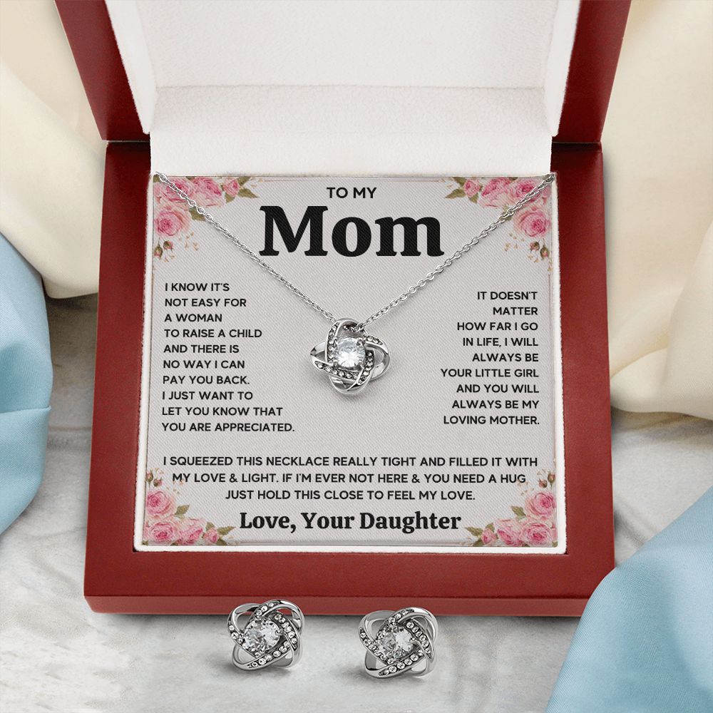 TO MY MOM FROM DAUGHTER SQUEEZED LOVE KNOT EARRING NECKLACE GIFT SET