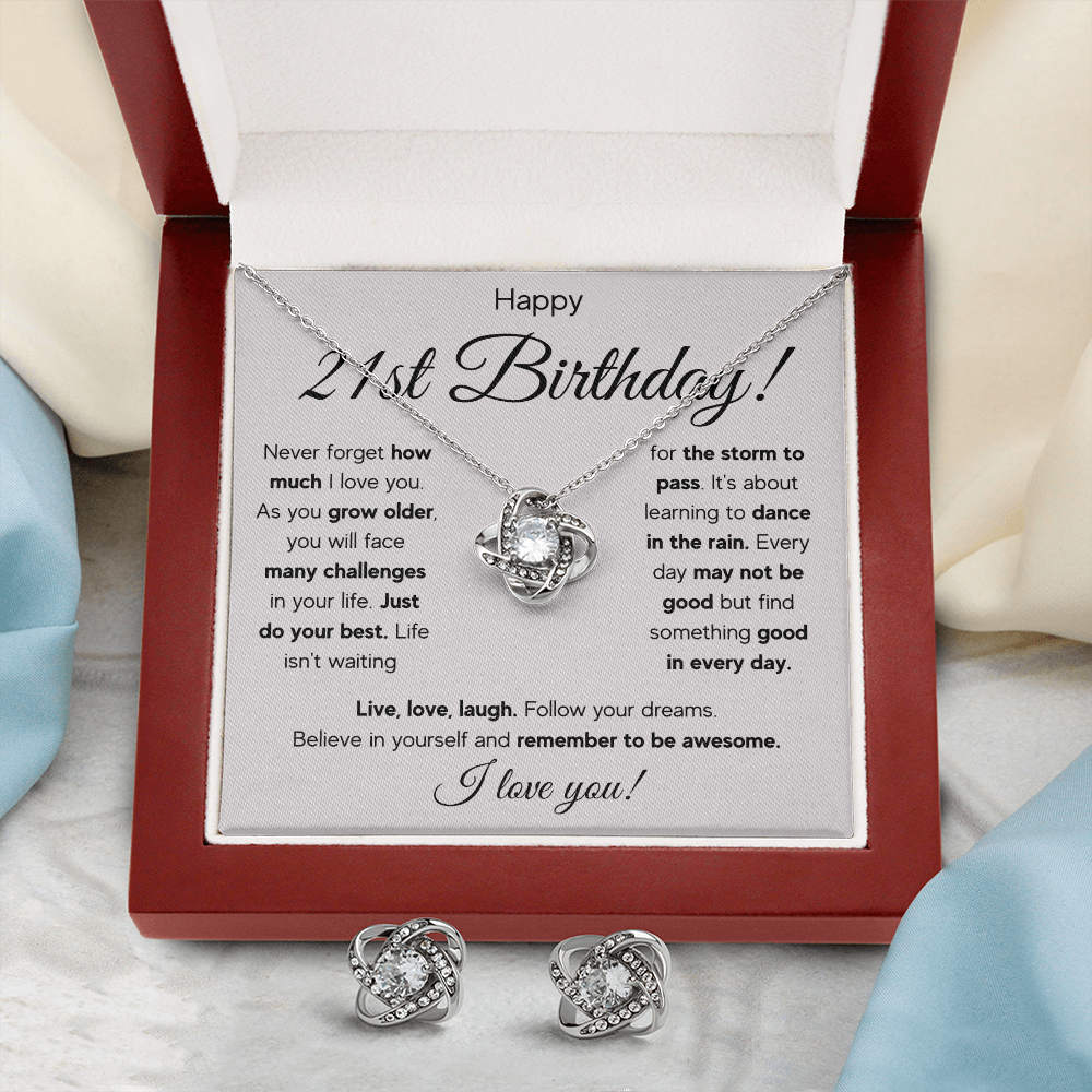 21ST BIRTHDAY RAIN LOVE KNOT NECKLACE AND EARRINGS SET