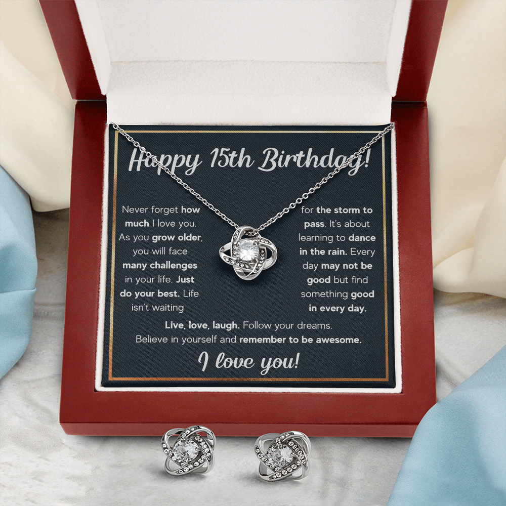 HAPPY 15TH BIRTHDAY RAIN LOVE KNOT NECKLACE AND EARRINGS SET