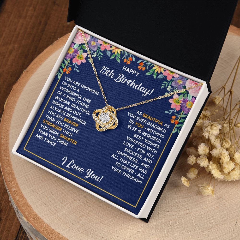 HAPPY 15TH BIRTHDAY WRAPPED LOVE KNOT NECKLACE