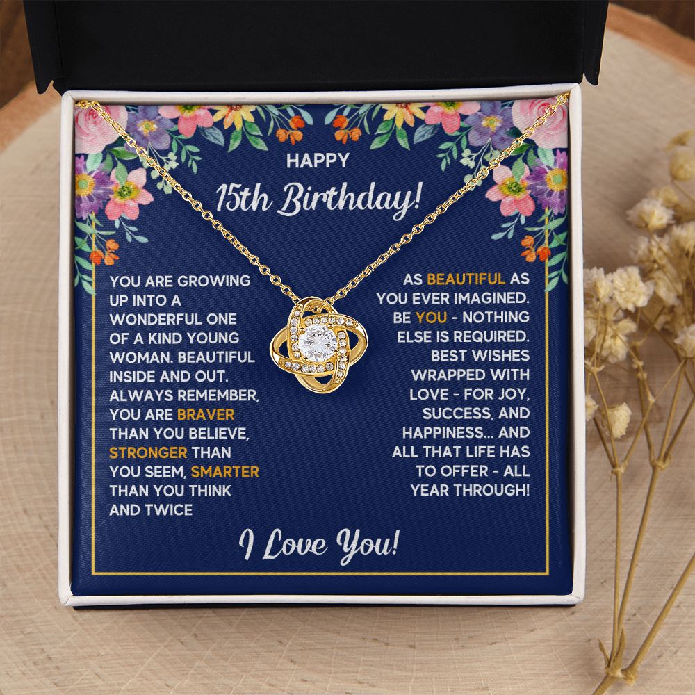 HAPPY 15TH BIRTHDAY WRAPPED LOVE KNOT NECKLACE