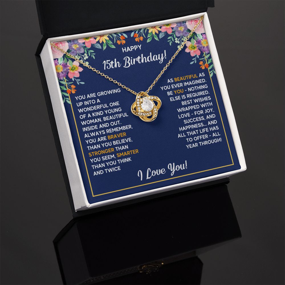 HAPPY 15TH BIRTHDAY WRAPPED LOVE KNOT NECKLACE
