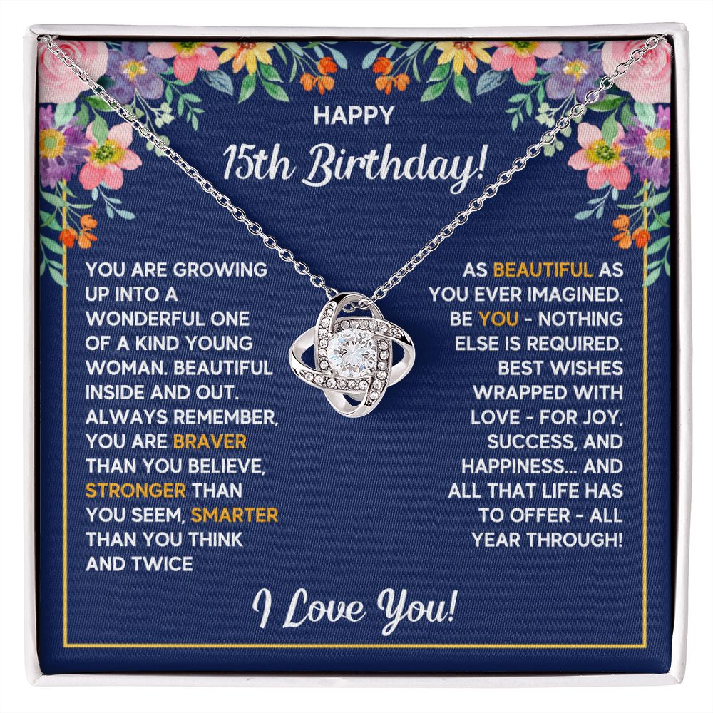 HAPPY 15TH BIRTHDAY WRAPPED LOVE KNOT NECKLACE