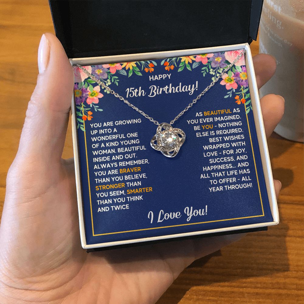HAPPY 15TH BIRTHDAY WRAPPED LOVE KNOT NECKLACE