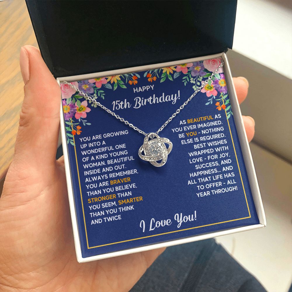 HAPPY 15TH BIRTHDAY WRAPPED LOVE KNOT NECKLACE