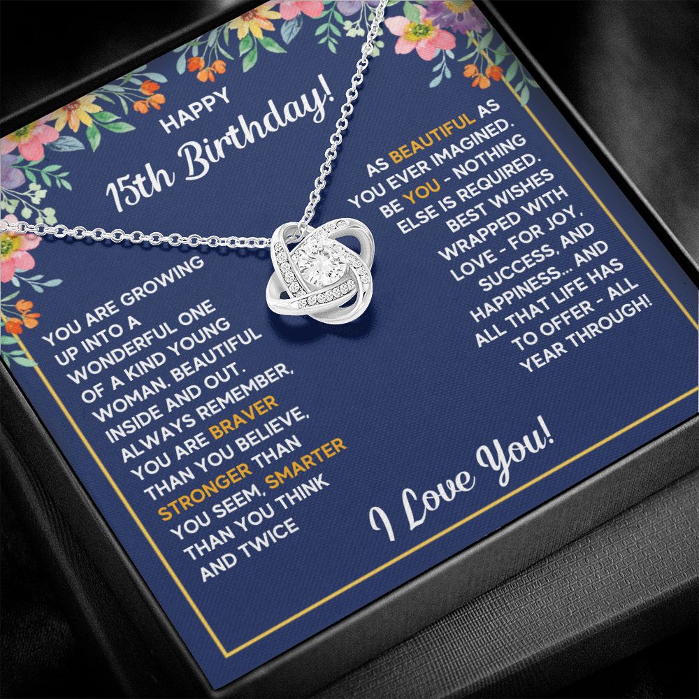 HAPPY 15TH BIRTHDAY WRAPPED LOVE KNOT NECKLACE
