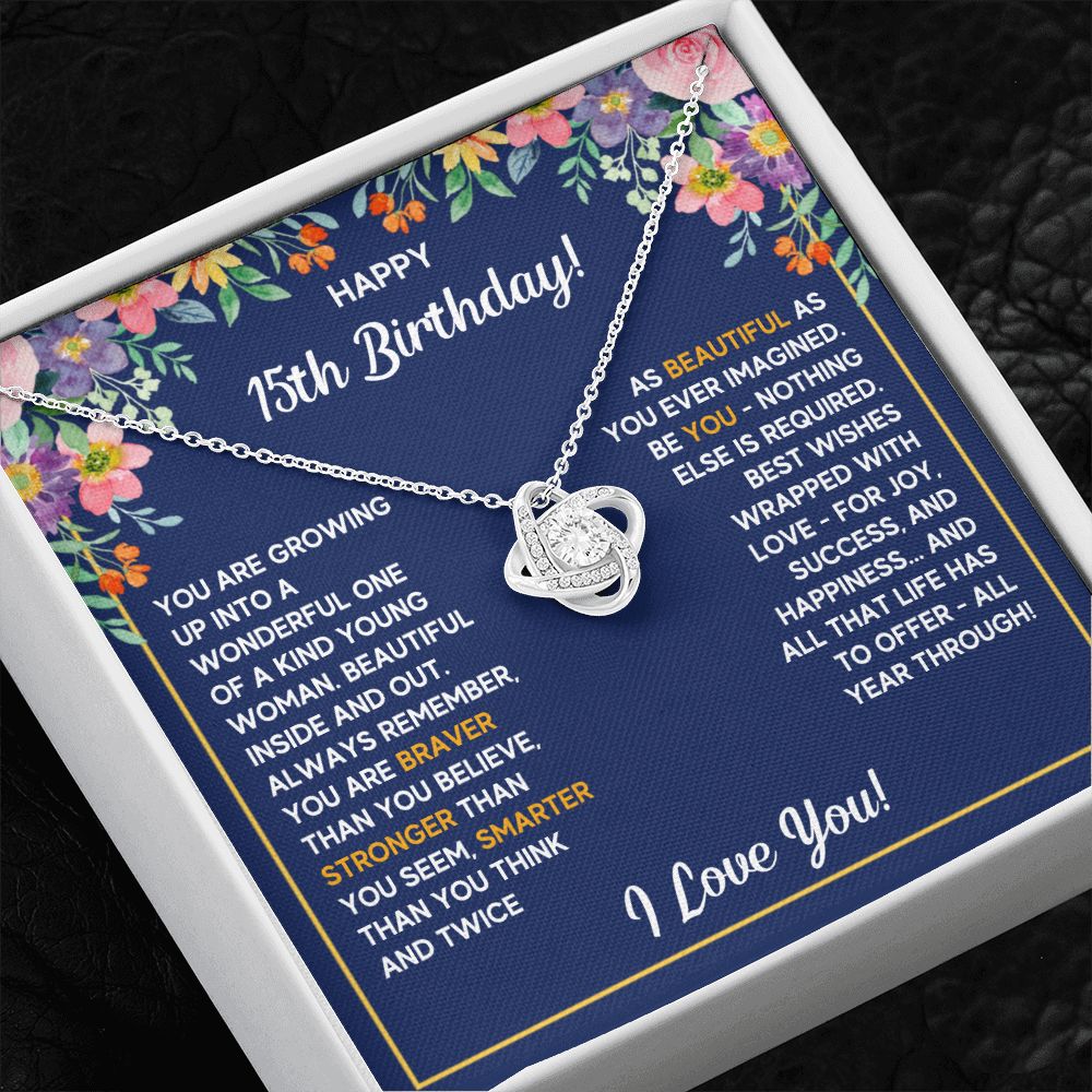 HAPPY 15TH BIRTHDAY WRAPPED LOVE KNOT NECKLACE