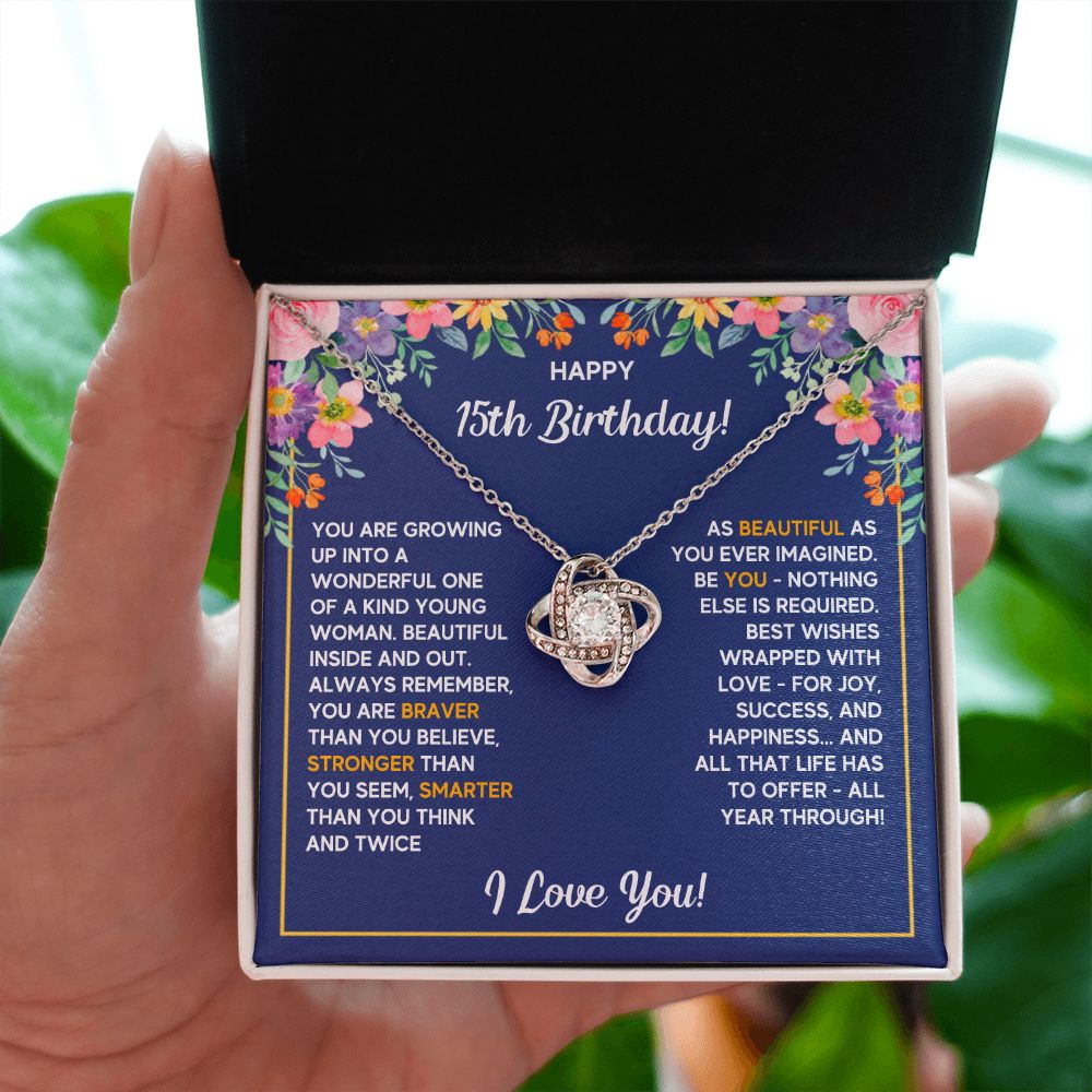 HAPPY 15TH BIRTHDAY WRAPPED LOVE KNOT NECKLACE
