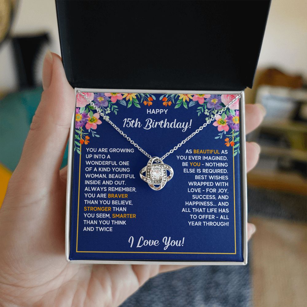 HAPPY 15TH BIRTHDAY WRAPPED LOVE KNOT NECKLACE