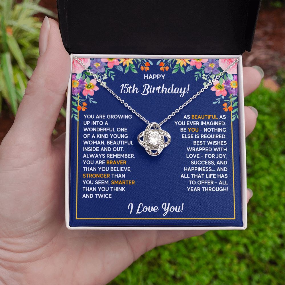 HAPPY 15TH BIRTHDAY WRAPPED LOVE KNOT NECKLACE