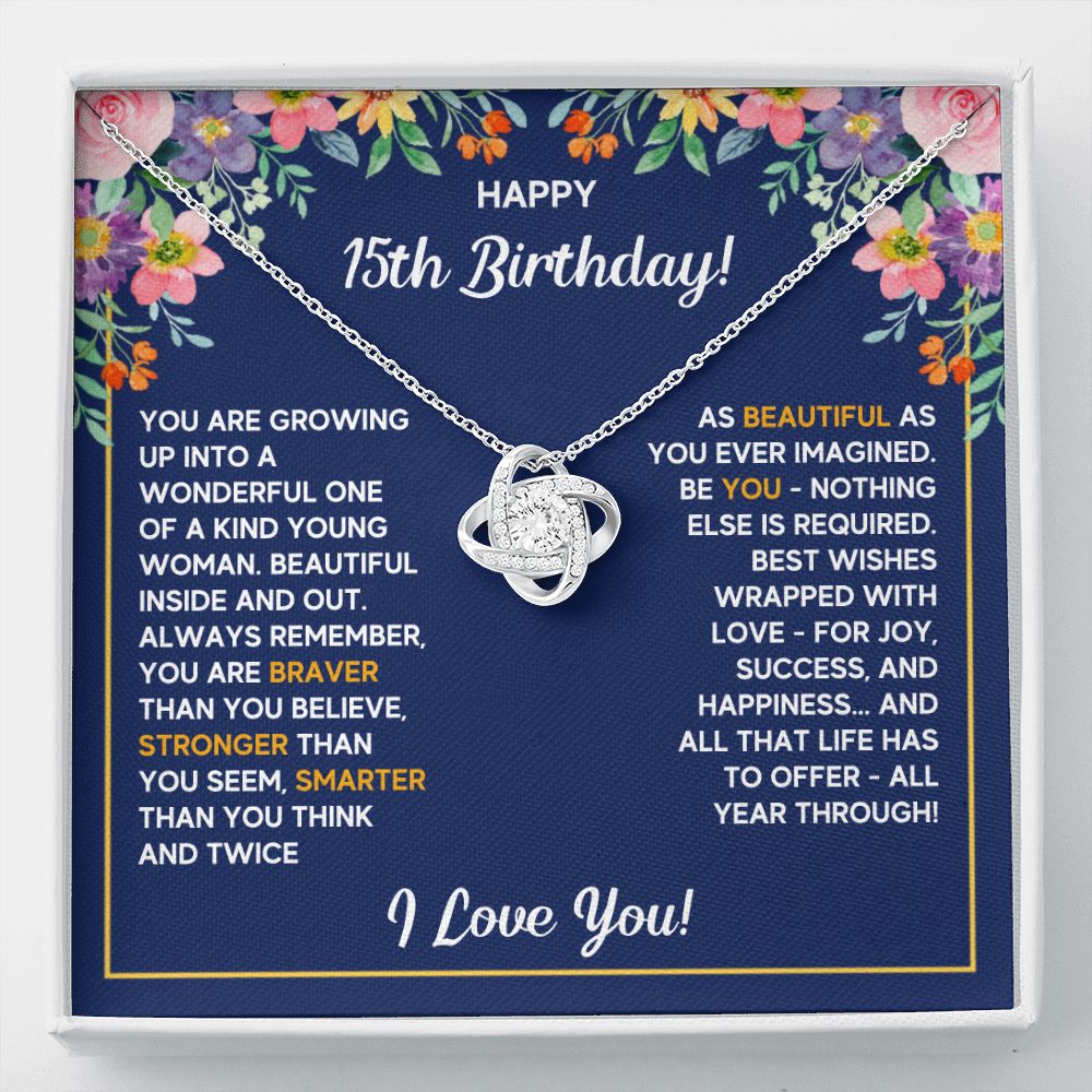 HAPPY 15TH BIRTHDAY WRAPPED LOVE KNOT NECKLACE