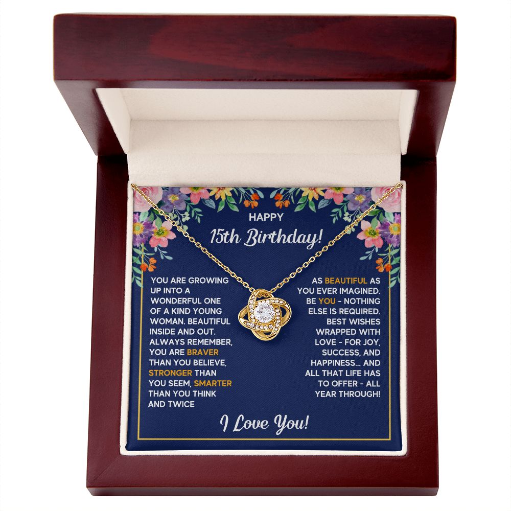 HAPPY 15TH BIRTHDAY WRAPPED LOVE KNOT NECKLACE