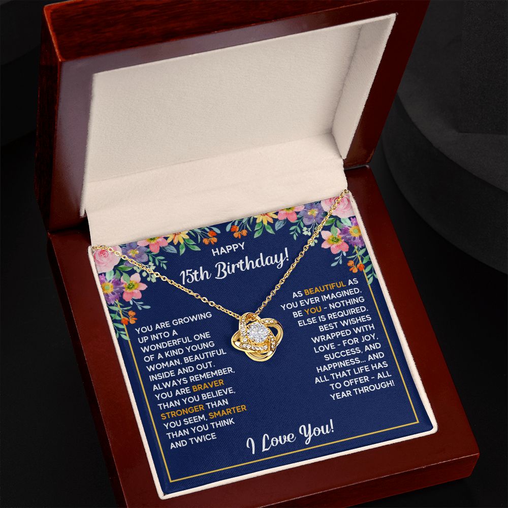 HAPPY 15TH BIRTHDAY WRAPPED LOVE KNOT NECKLACE