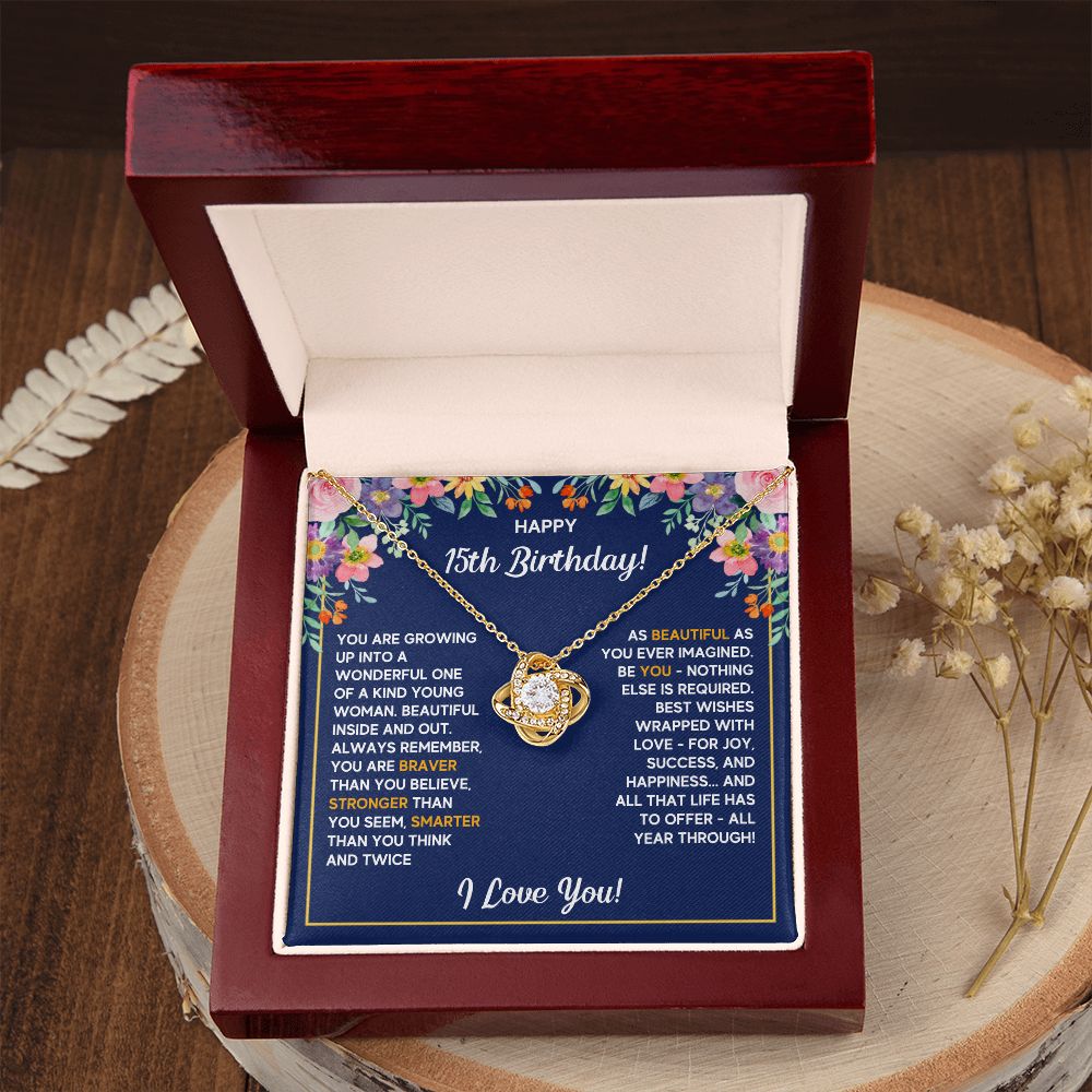 HAPPY 15TH BIRTHDAY WRAPPED LOVE KNOT NECKLACE