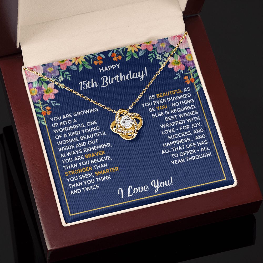 HAPPY 15TH BIRTHDAY WRAPPED LOVE KNOT NECKLACE