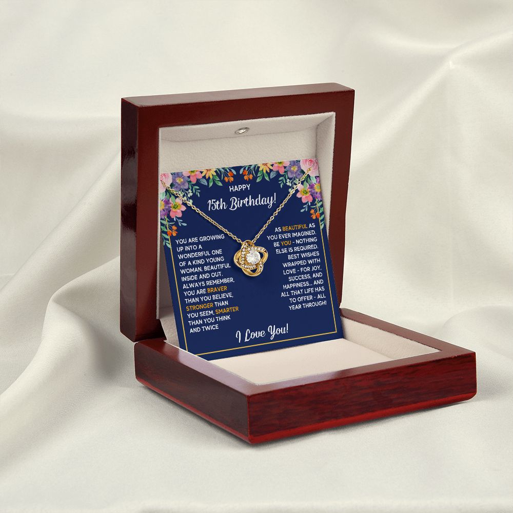 HAPPY 15TH BIRTHDAY WRAPPED LOVE KNOT NECKLACE