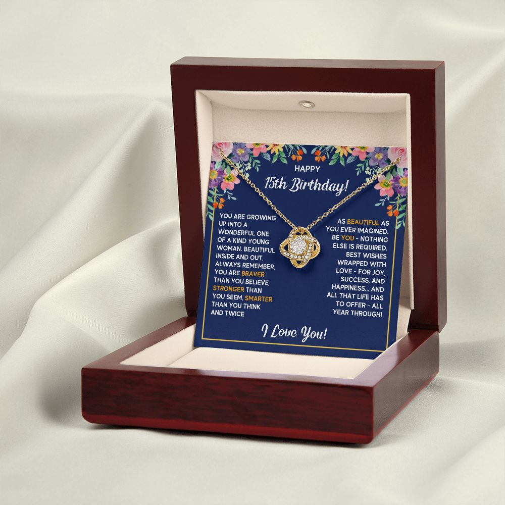 HAPPY 15TH BIRTHDAY WRAPPED LOVE KNOT NECKLACE