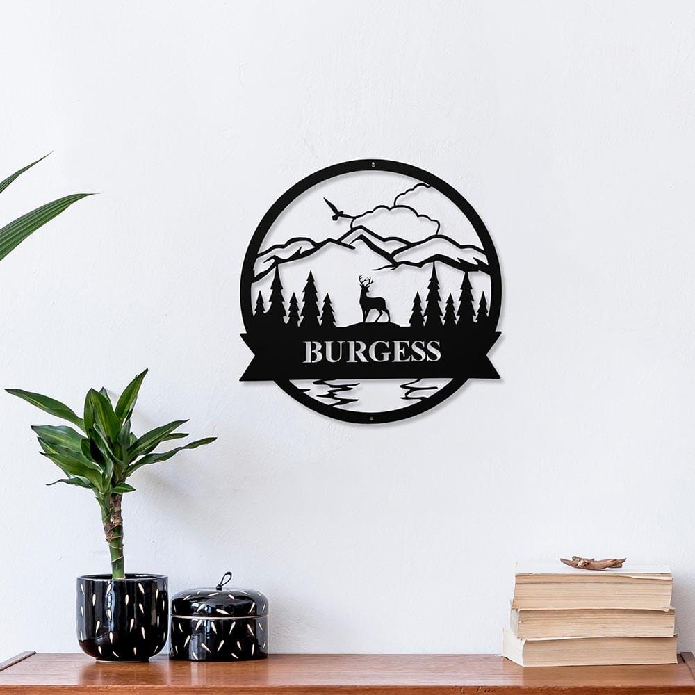 Metal Wall Art, Personalized, Family Name, Mountain Scene