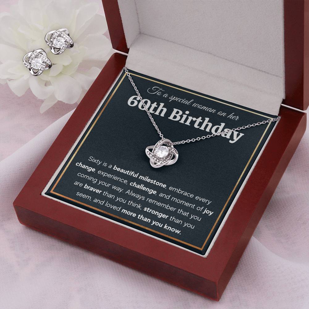 60TH BIRTHDAY MILESTONE LOVE KNOT NECKLACE AND EARRINGS SET