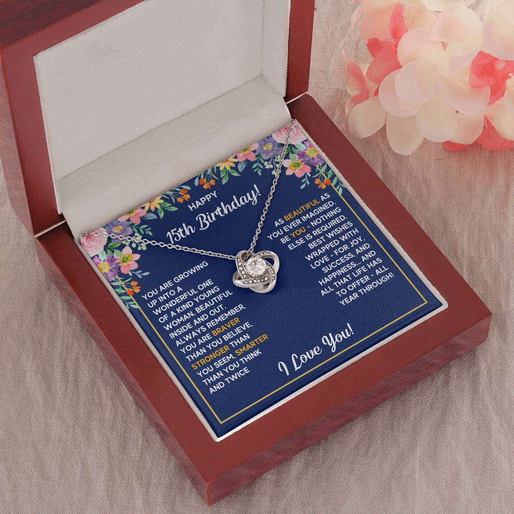 HAPPY 15TH BIRTHDAY WRAPPED LOVE KNOT NECKLACE